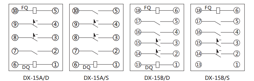 DX-15A信號繼電器內部接線及外引接線圖 DX-15A信號繼電器內部接線及外引接線圖