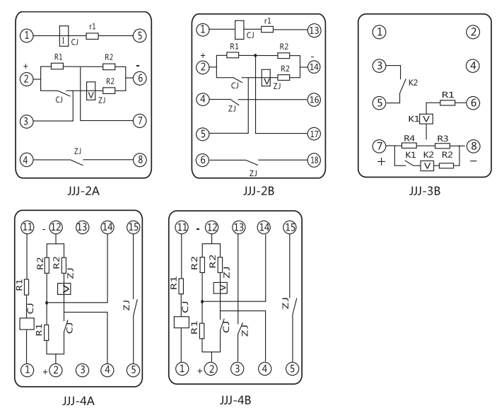 JJJ-2A直流絕緣監視繼電器內部端子外引接線圖 JJJ-2A直流絕緣監視繼電器內部端子外引接線圖