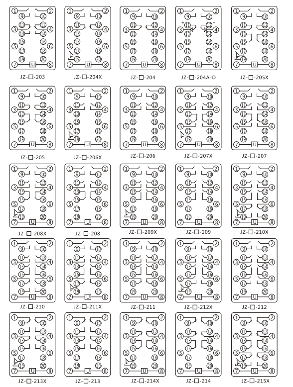 JZY(J)-202X靜態中間繼電器內部接線圖及外引接線圖 JZY(J)-202X靜態中間繼電器內部接線圖及外引接線圖