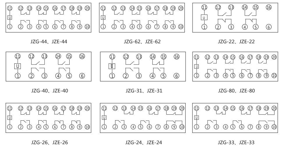 JZG-44卡軌式靜態中間繼電器內部端子外引接線圖 JZG-44卡軌式靜態中間繼電器內部端子外引接線圖